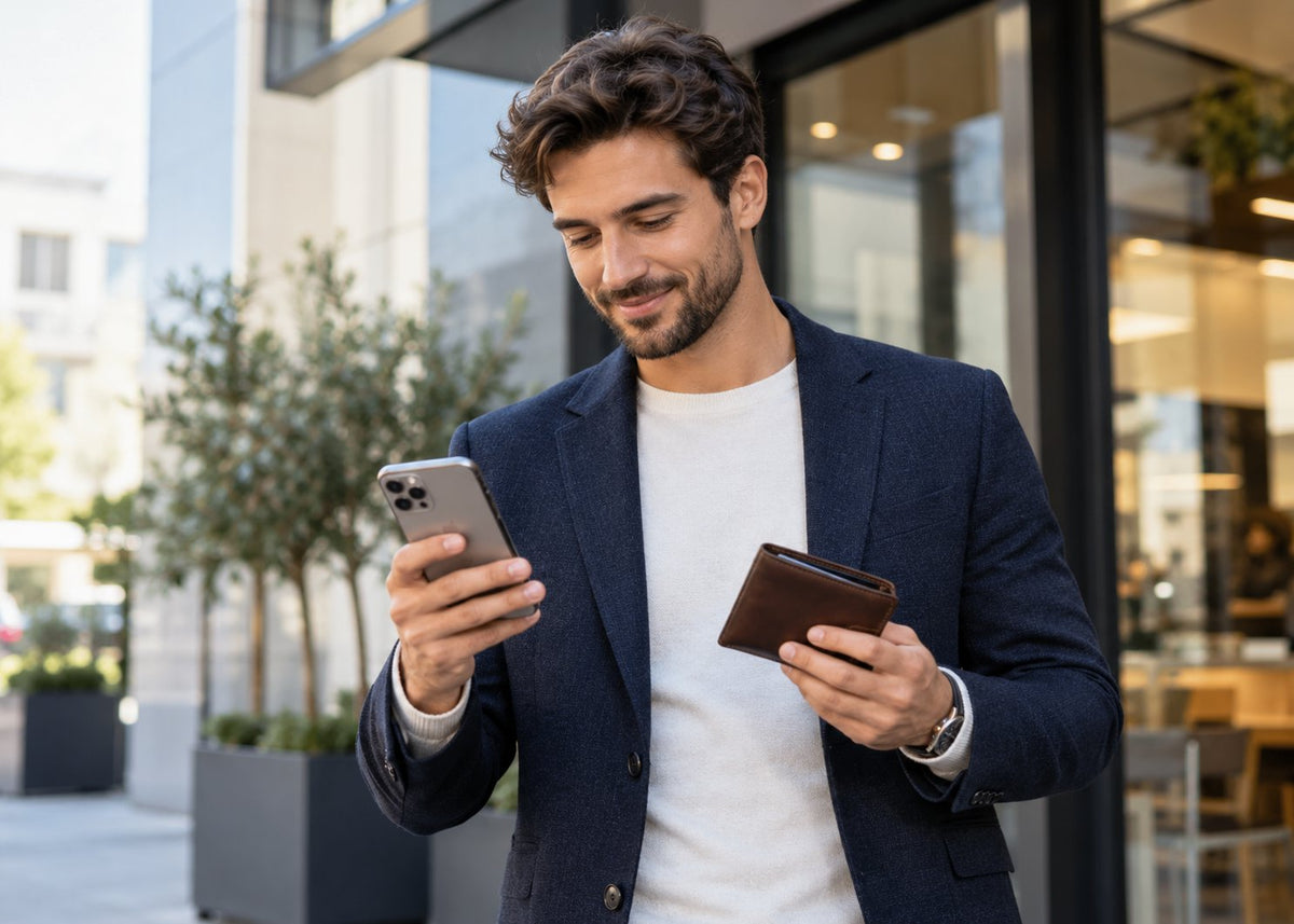 Mann im Sakko blickt auf sein Smartphone und hält ein Portemonnaie in der Hand