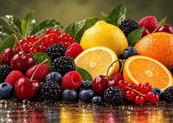 Kirschen, Himbeeren, Brombeeren, Blaubeeren, Johannisbeeren, Zitrone und Orange für die fruchtigen Sorten