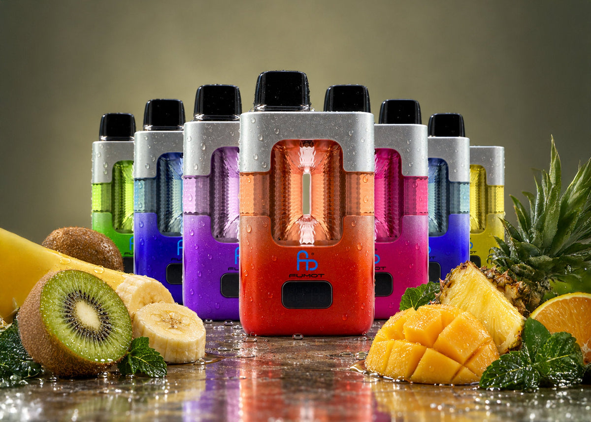 Sieben Fumot Eco 2in1 50000 Vapes mit zwei Tanks zwischen Kiwi, Banane, Mango und Ananas