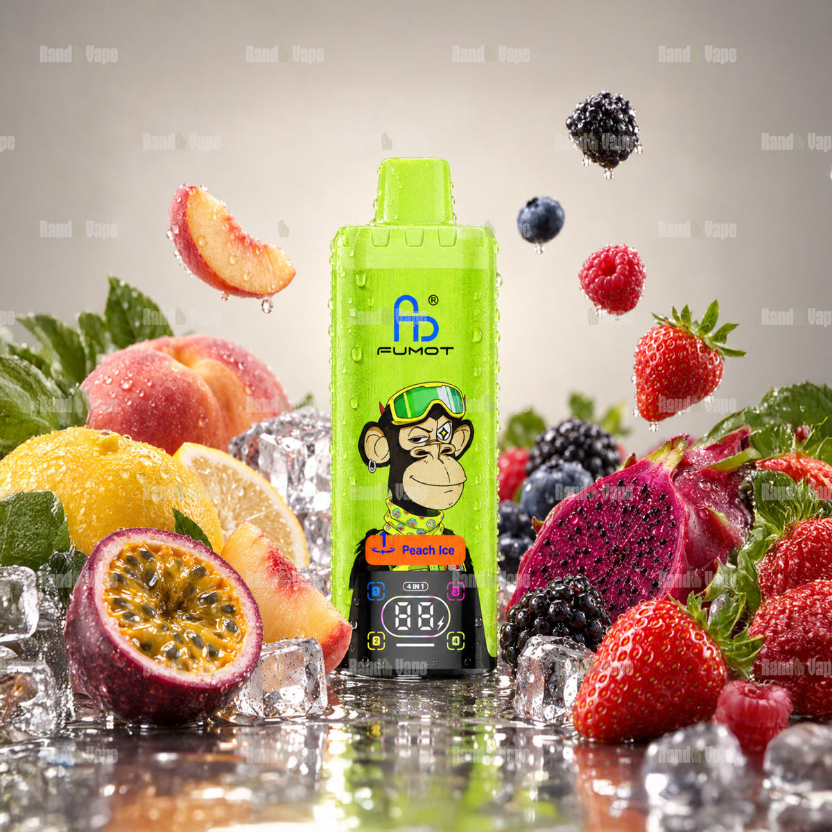 Fumot Eco 4in1 80000 Einweg Vape mit vier Sorten und Display, im Bild Peach Ice