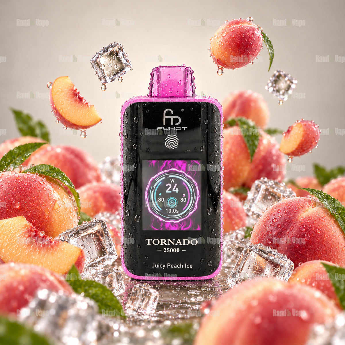 RandM Tornado 25000 Juicy Peach Ice Einweg Vape mit 25000 Zügen und Farbdisplay