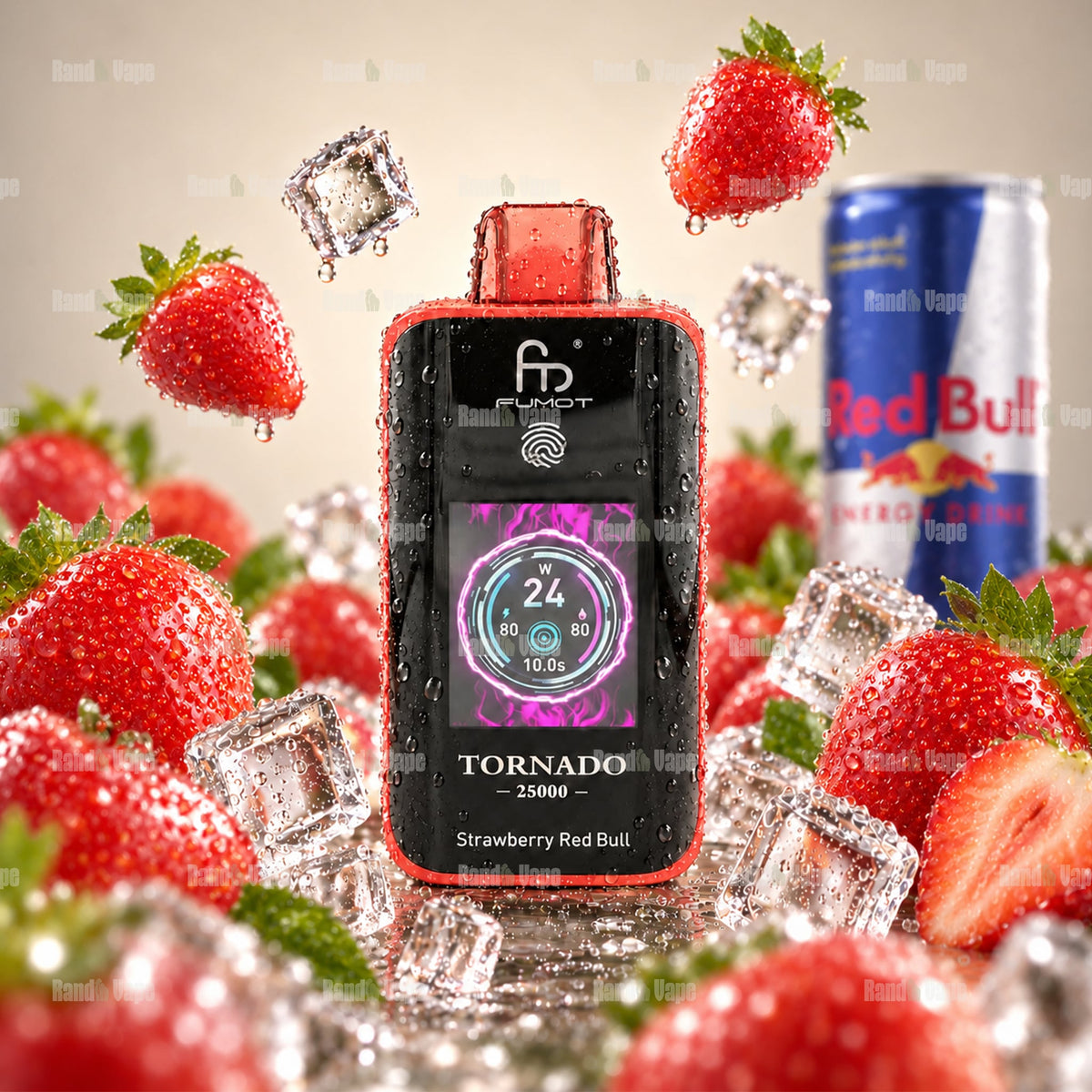 RandM Tornado 25000 Strawberry Red Bull Einweg Vape mit 25000 Zügen und Farbdisplay