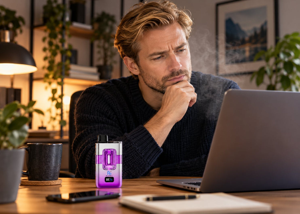 Mann sitzt nachdenklich am Laptop, auf dem Schreibtisch steht eine lilafarbene Fumot Eco 2in1 50000
