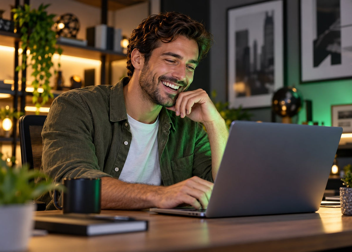 Mann sitzt lachend am Laptop in einem abendlich beleuchteten Büro