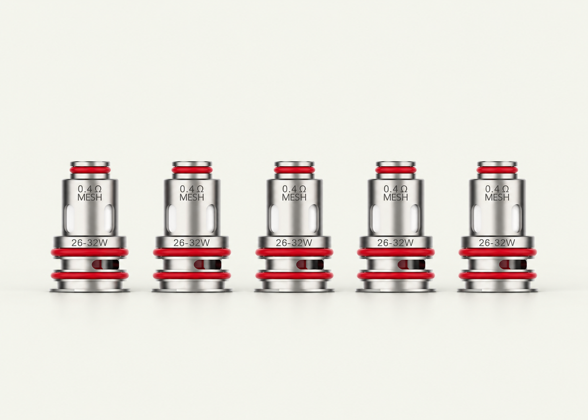 Fünf Mesh Coils nebeneinander, jeder mit der Aufschrift 0,4 Ohm Mesh