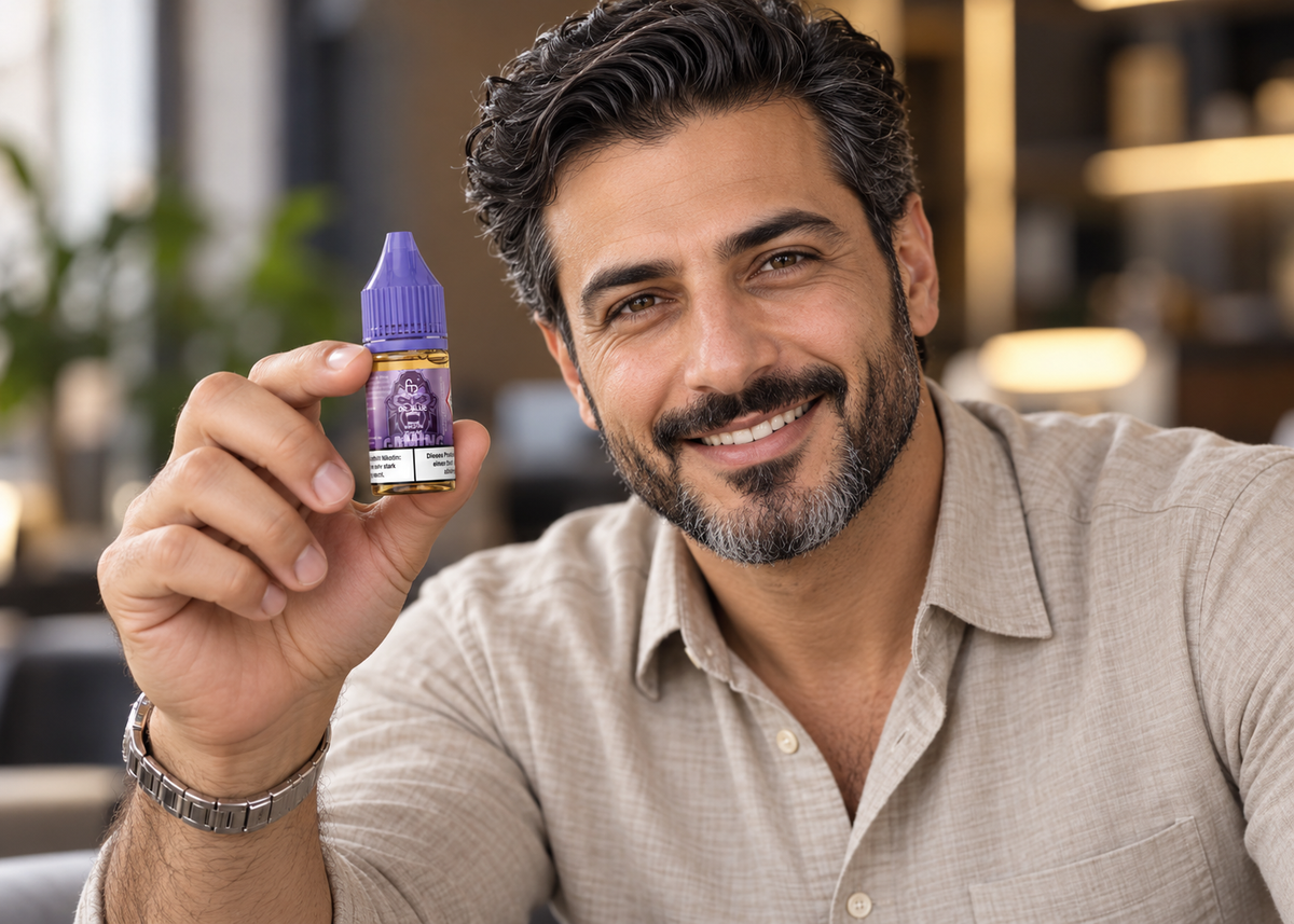 Mann hält ein violettes Fläschchen mit Nikotinsalz Liquid in die Kamera