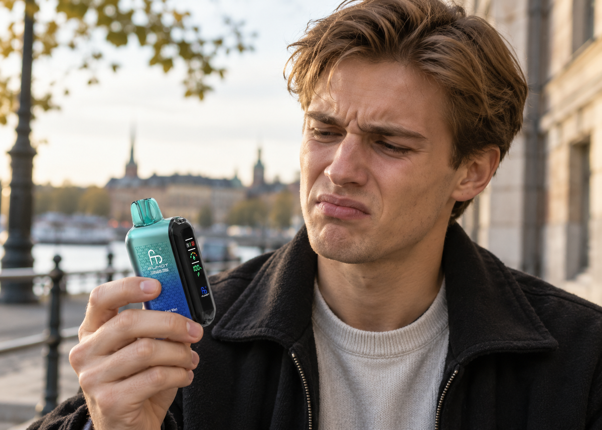 Junger Mann verzieht das Gesicht beim Blick auf seine Fumot Tornado Vape mit Display