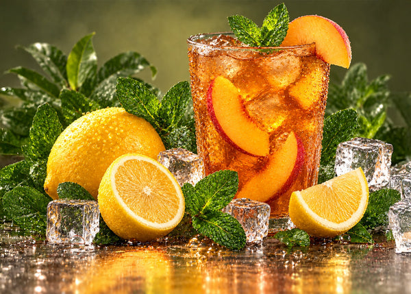 Glas Eistee mit Pfirsich, Eiswürfeln, Minze und Zitrone für die eisigen Sorten