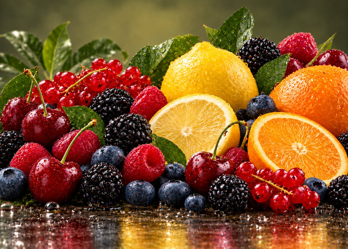 Kirschen, Himbeeren, Brombeeren, Blaubeeren, Johannisbeeren, Zitrone und Orange für die fruchtigen Sorten