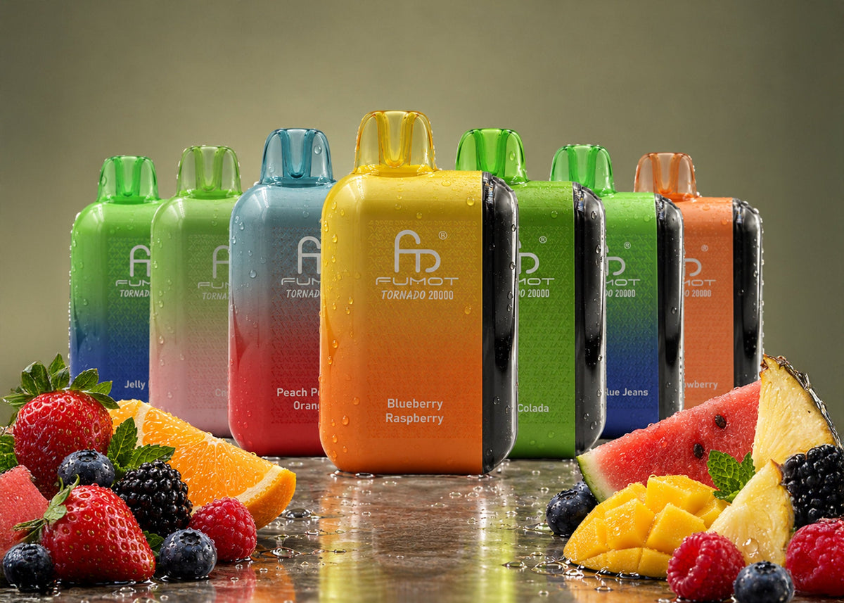 Sieben Fumot Tornado 20000 Vapes in bunten Sorten zwischen Erdbeeren, Melone und Mango