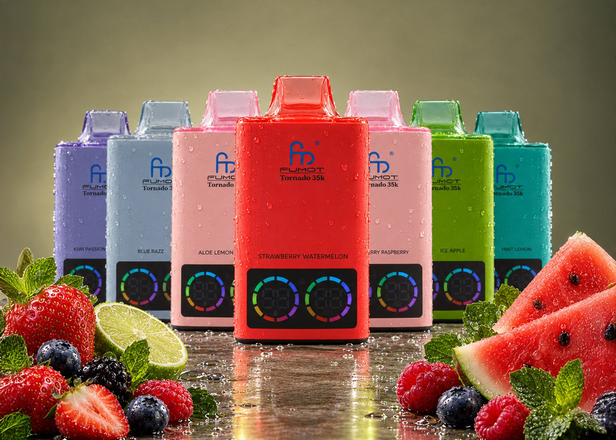Sieben Fumot Tornado 35K Vapes mit Farbdisplay zwischen Erdbeeren, Limette und Wassermelone