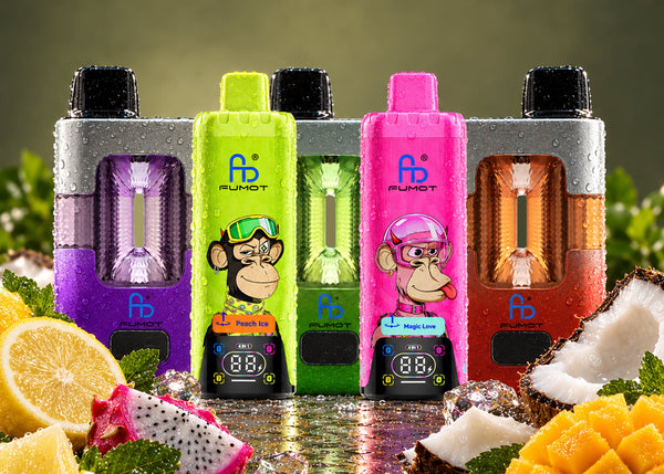 Fünf RandM und Fumot Vapes, zwei davon 4in1 mit Display, zwischen exotischen Früchten