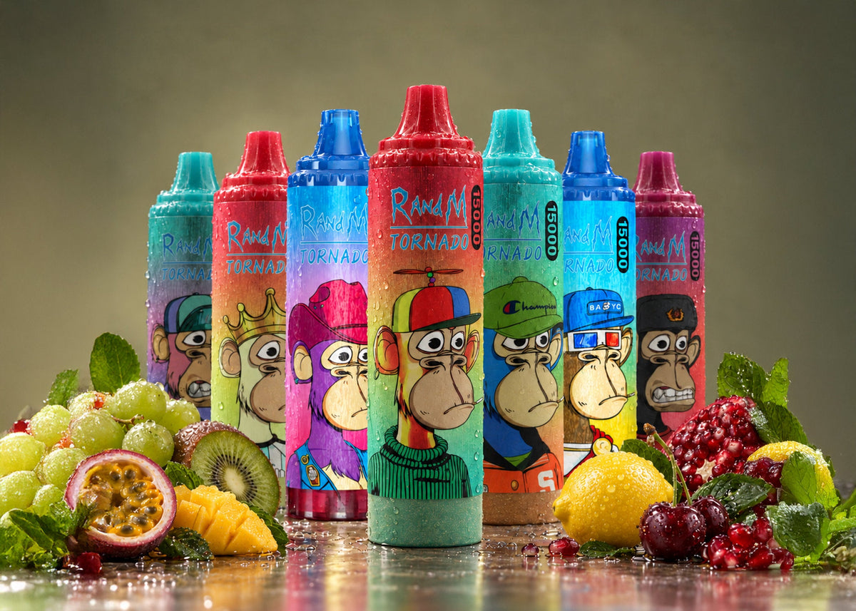 Sieben RandM Tornado 15000 Vapes mit Affen-Motiv zwischen Kiwi, Mango und Granatapfel