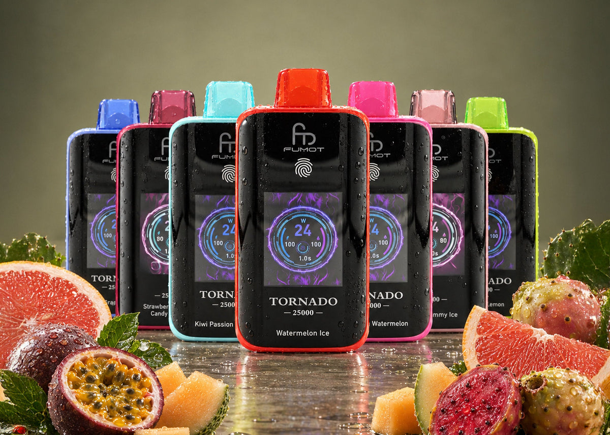 Sieben Tornado 25000 Vapes mit Touchdisplay zwischen Grapefruit, Melone und Kaktusfeige