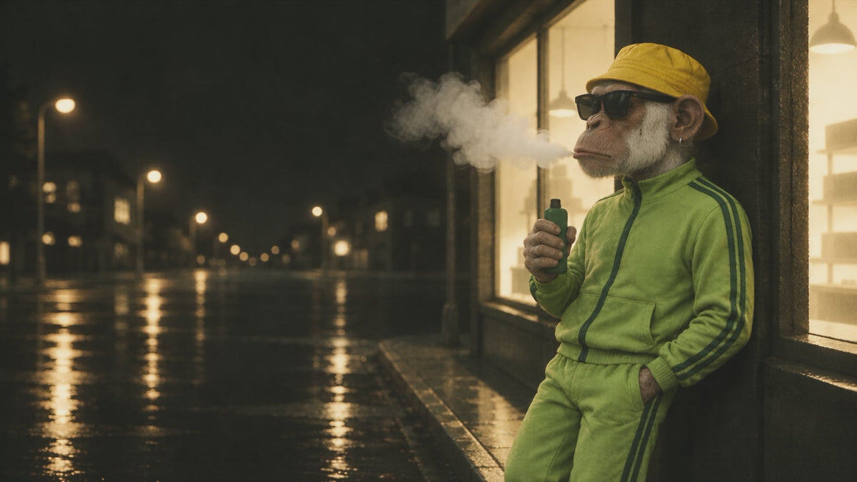 RandM Vape Maskottchen mit einer Fumot Vape an einem Schaufenster bei Nacht